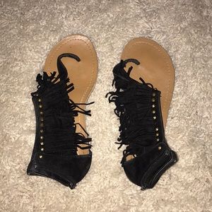 Black fringe studded sandals
